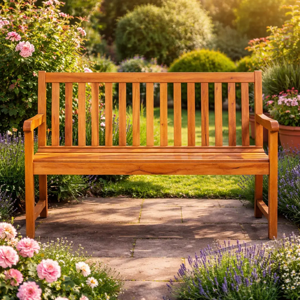 Front view of a 2-seater wooden garden bench on a paved path, framed by lavender and pink flowers in summer