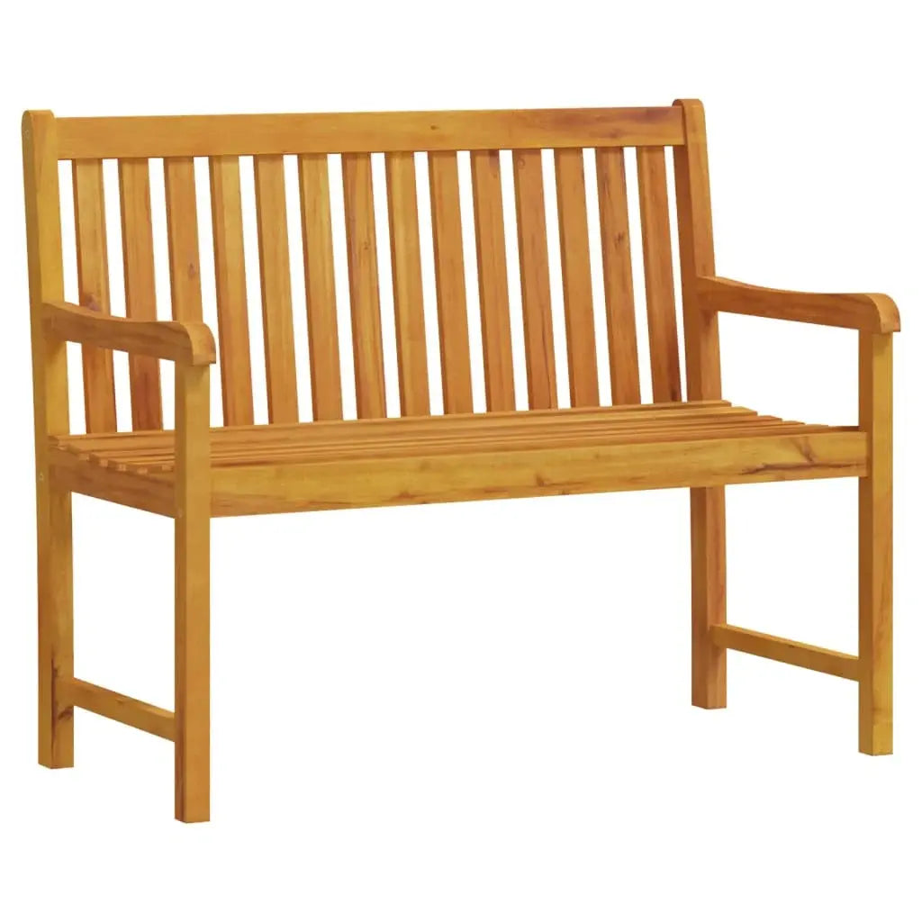 Solid hardwood garden bench with a classic vertical slatted backrest and armrests, isolated on a white background