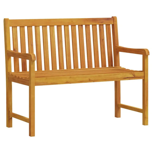 Solid hardwood garden bench with a classic vertical slatted backrest and armrests, isolated on a white background
