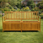 Front View Accacia Wood Garden Bench Storage on grass in garden
