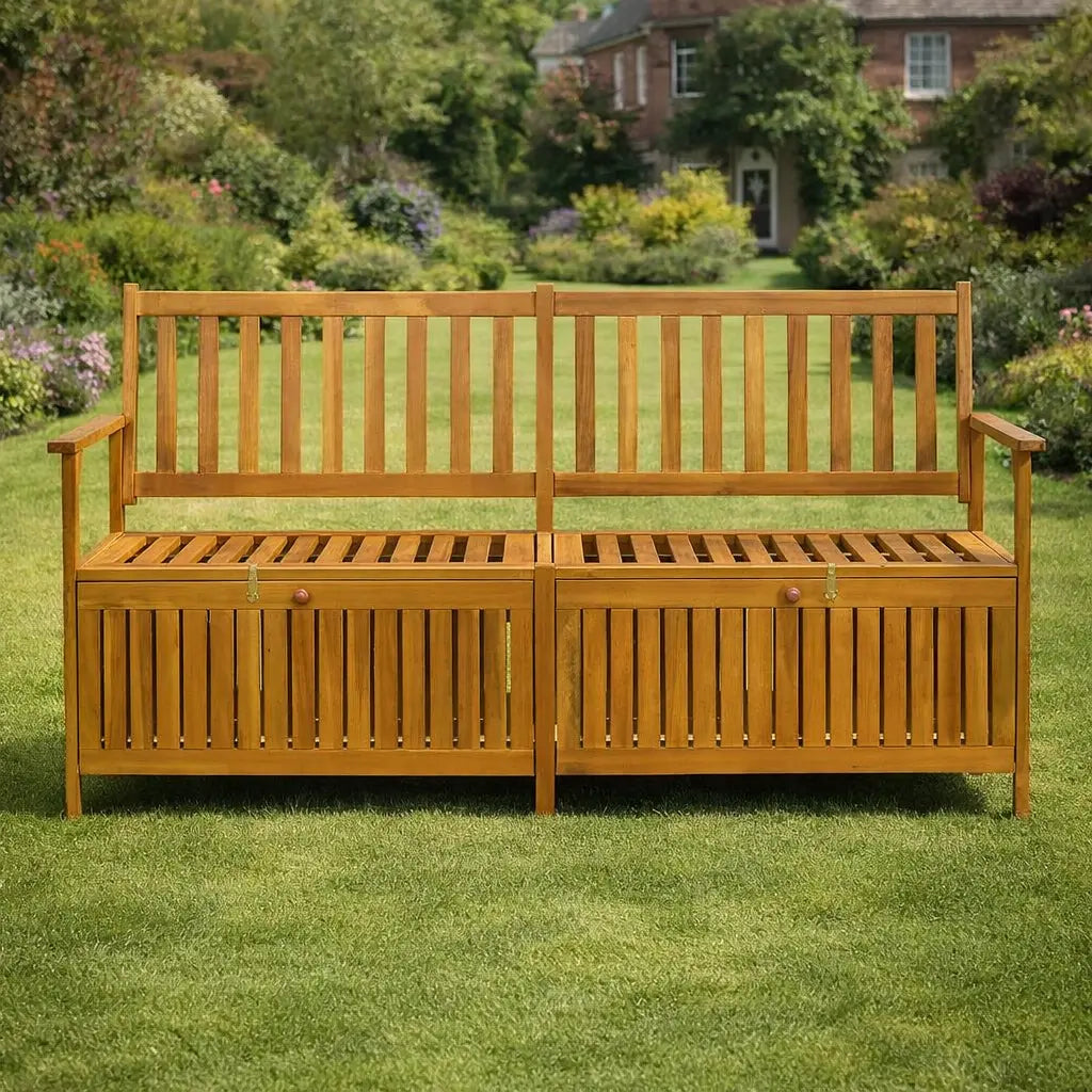 Front View Accacia Wood Garden Bench Storage on grass in garden