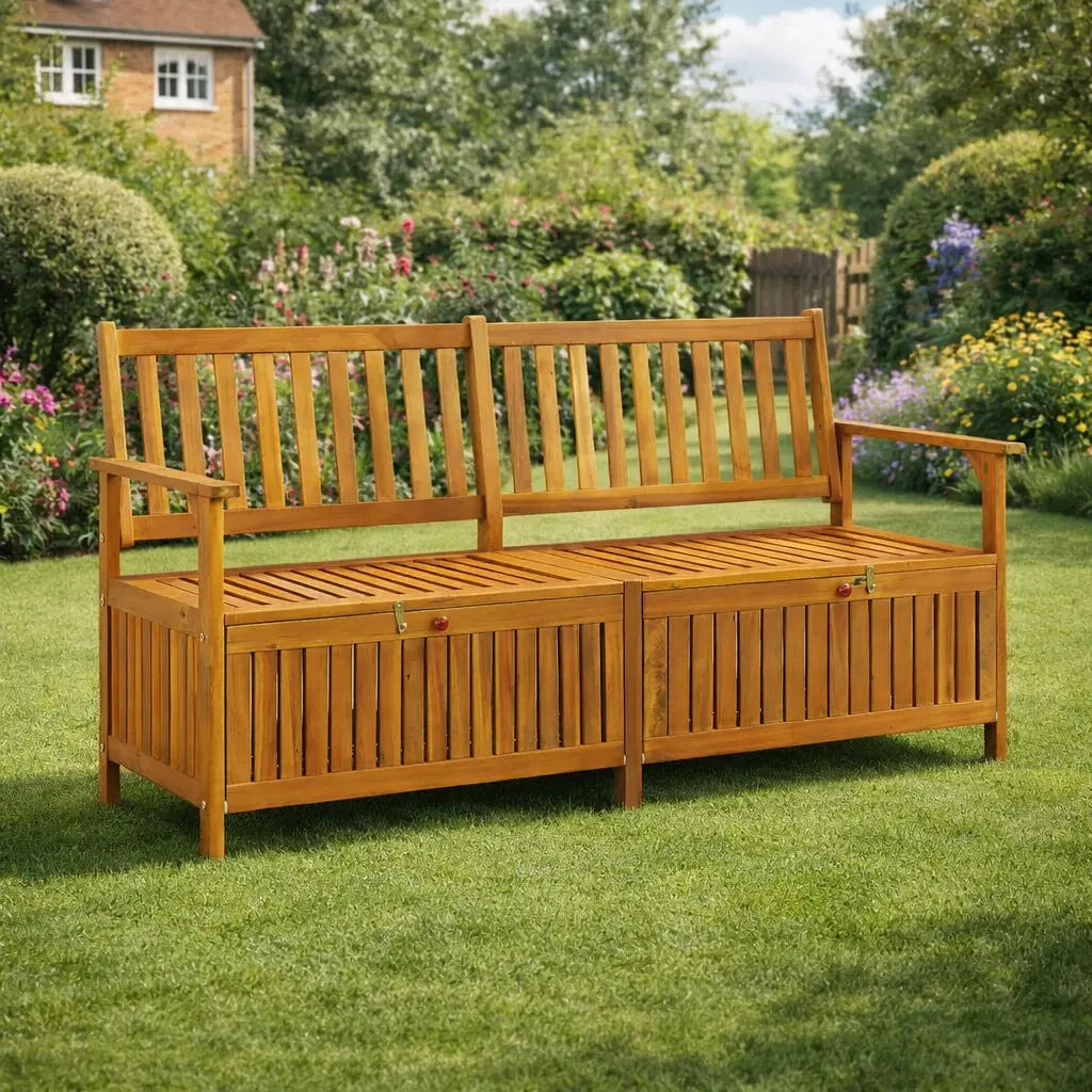 Accacia Wood Garden Bench Storage on grass in garden