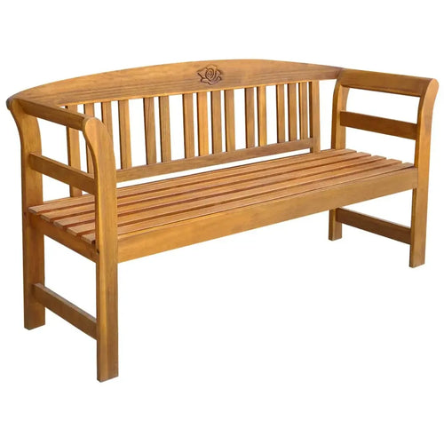 3-seater wooden garden bench with rose carving, front view.