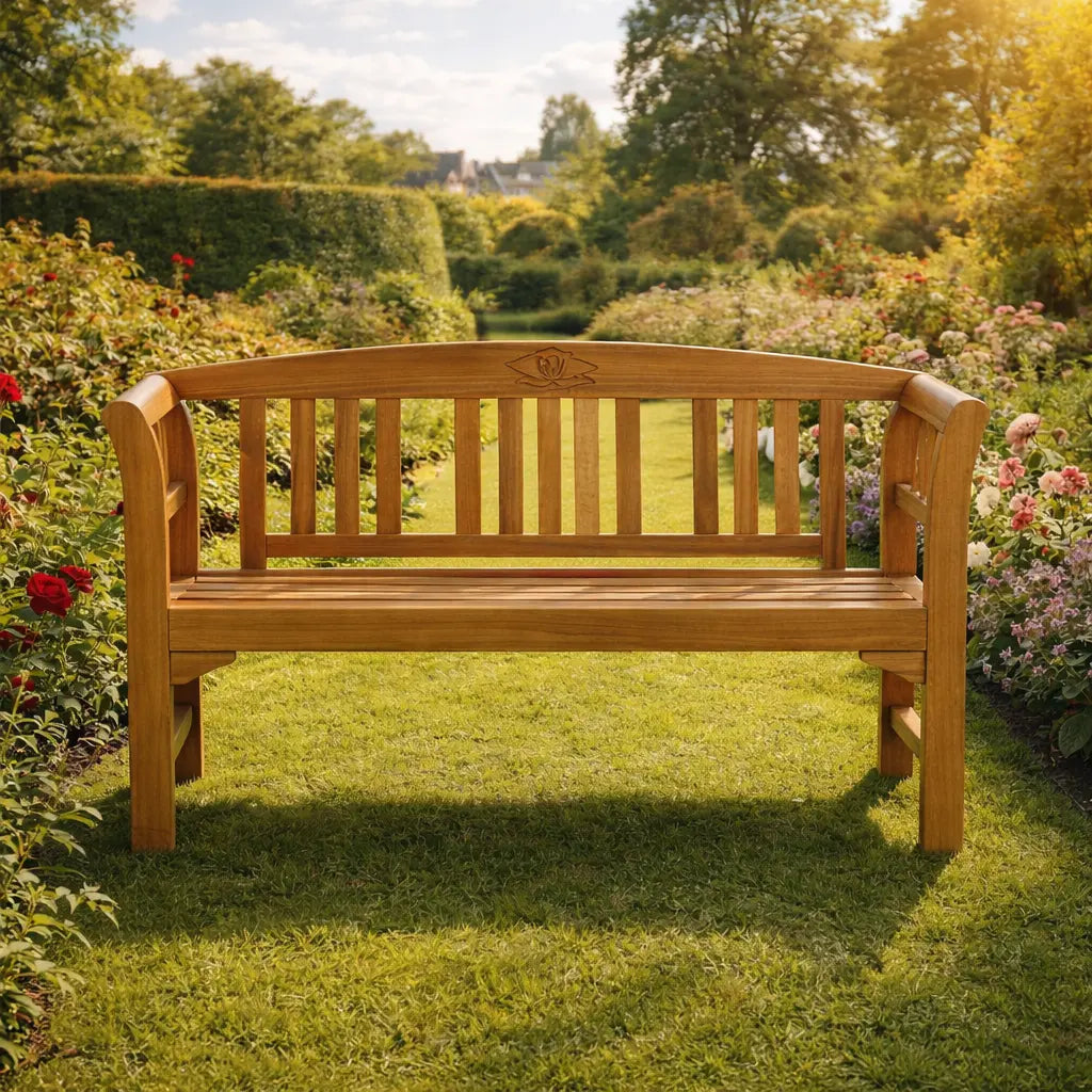 Front view of a hardwood garden bench with rose carving on grass.