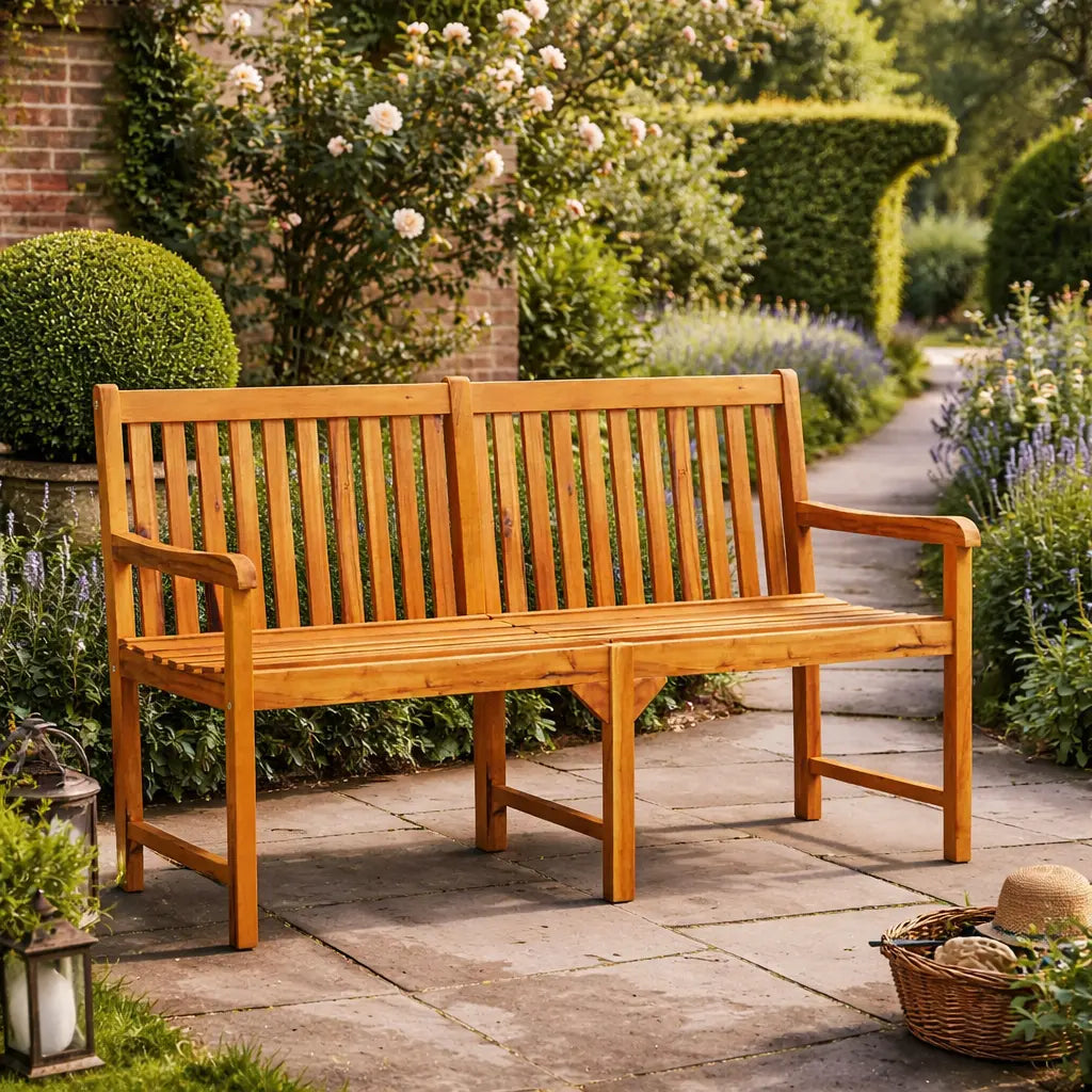 Triple-seat hardwood garden bench positioned on a stone patio next to a garden path and flowering shrubs